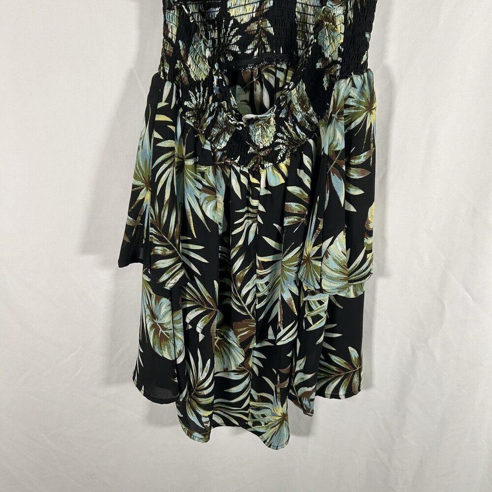 Madden NYC Mini Dress Women's Small Green Floral Smocked Sleeveless Tie Neck - Picture 6 of 9